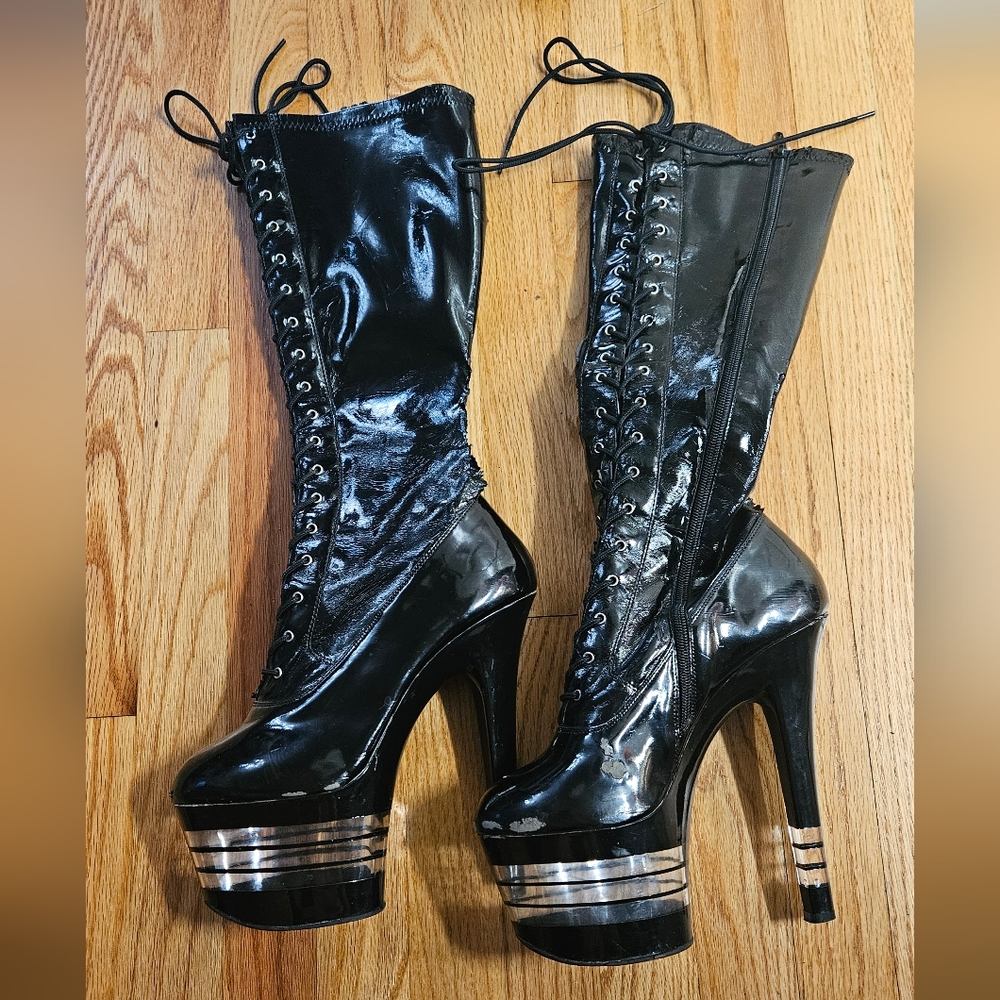 Used- Black Platform Lace-Up Boots Size 10